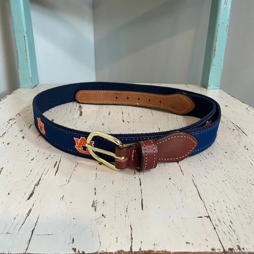 Auburn Tigers Mens Canvas Web Belt Navy Blue Leather Trim Size 38 AU Gameday